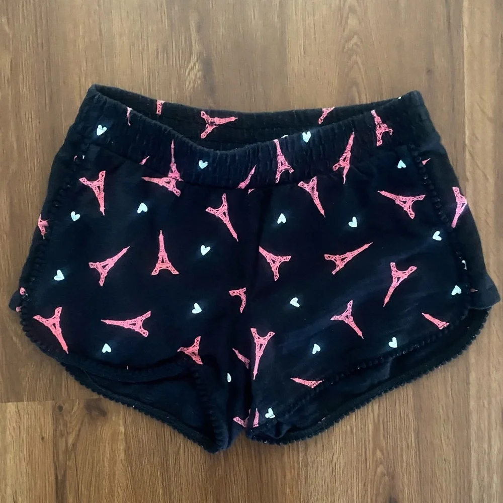 Justice Shorts Eiffel Tower Size 8 black pink Pom trim 100% cotton